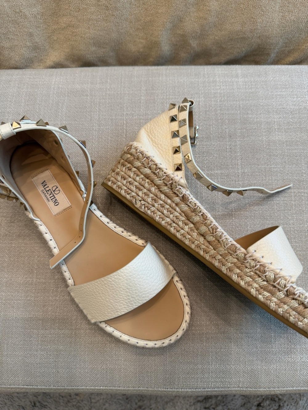 Valentino Cream Leather Rockstud Espadrille Wedge Sandals